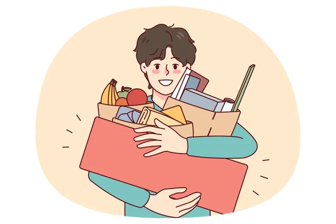セールで購入した品物の入ったバッグを持っている幸せそうな男性  イラスト
