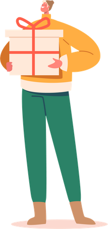 Happy Man Holding Big Gift Box Wrapped With Festive Illustration