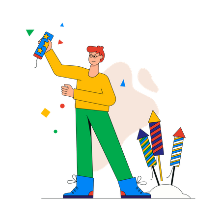 Happy man holding clapperboard and getting ready to launch fireworks  Illustration
