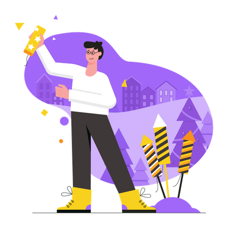 Happy man holding clapperboard and getting ready to launch fireworks  Illustration