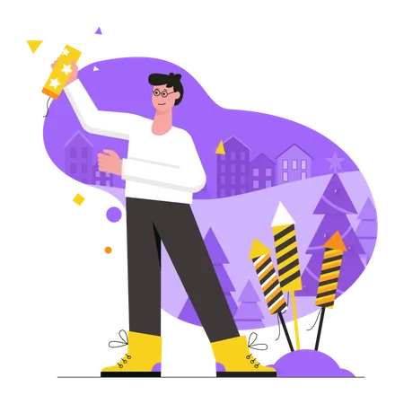 Happy man holding clapperboard and getting ready to launch fireworks  Illustration