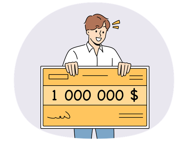 宝くじに当たって大喜びする、100万ドルの証明書を持った幸せな男性  イラスト