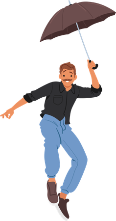 Happy Man In Casual Attire Flying With Umbrella  Illustration