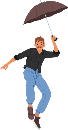 Happy Man In Casual Attire Flying With Umbrella  Illustration