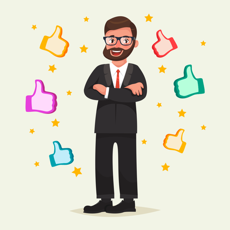 Happy man in glasses with beard with gesture like around him  Illustration