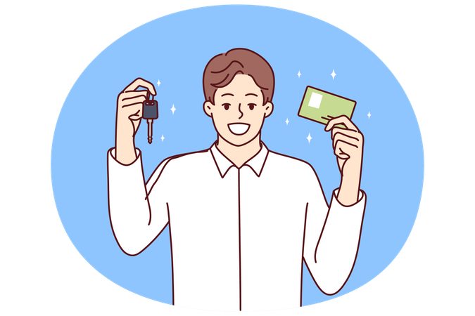 Happy man in got drivers license and keys to new car  Illustration