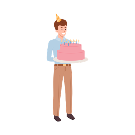 Happy man in party hat holding big cake with candles  Illustration