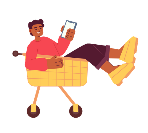 Happy man in shopping trolley holding phone  Illustration
