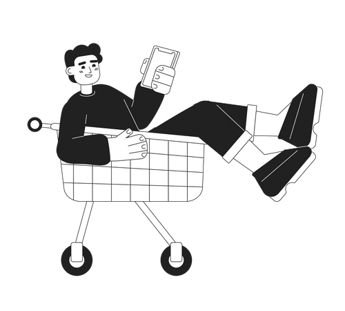 Happy man in shopping trolley holding phone  Illustration