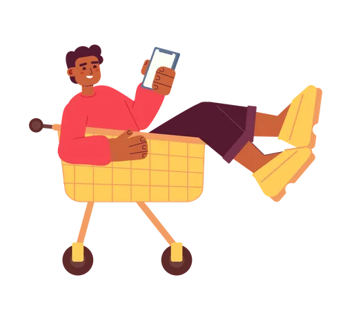 Happy man in shopping trolley holding phone  Illustration