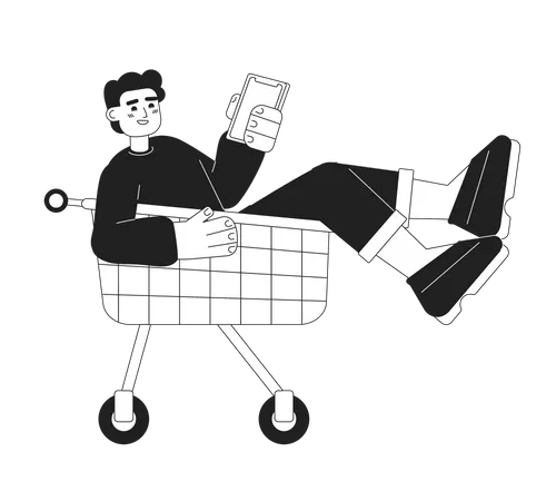 Happy man in shopping trolley holding phone  Illustration