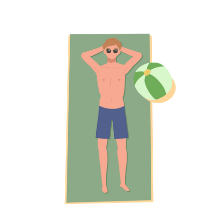 Happy man in swim suit on the beach is lay down and sunbathing  일러스트레이션