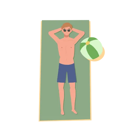 Summer Beach Vacation Theme Happy Man In Swim Suit On The Beach Is Lay Down And Sunbathing Flat Vector Illustration 일러스트레이션