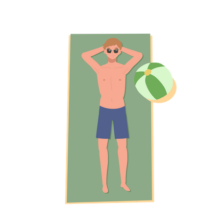 Happy man in swim suit on the beach is lay down and sunbathing  Illustration