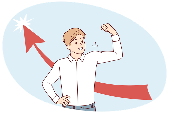 Happy man in white shirt showing biceps while standing near arrow pointing up  Illustration