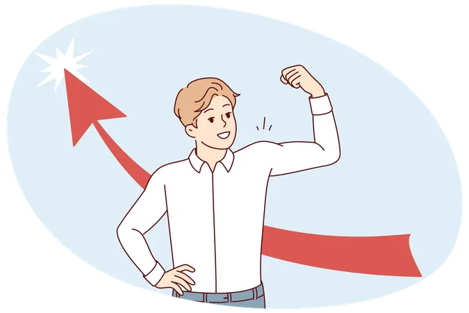 Happy man in white shirt showing biceps while standing near arrow pointing up  Illustration