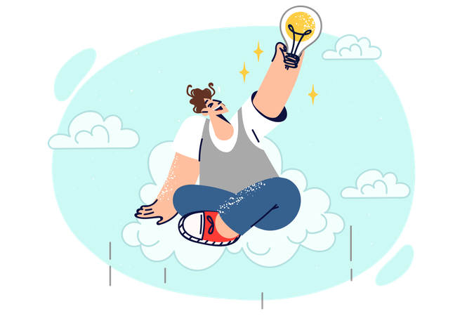 Happy man invented new idea sits on cloud and grabs light bulb  Illustration