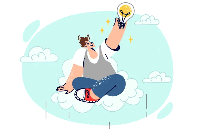 Happy man invented new idea sits on cloud and grabs light bulb  Illustration