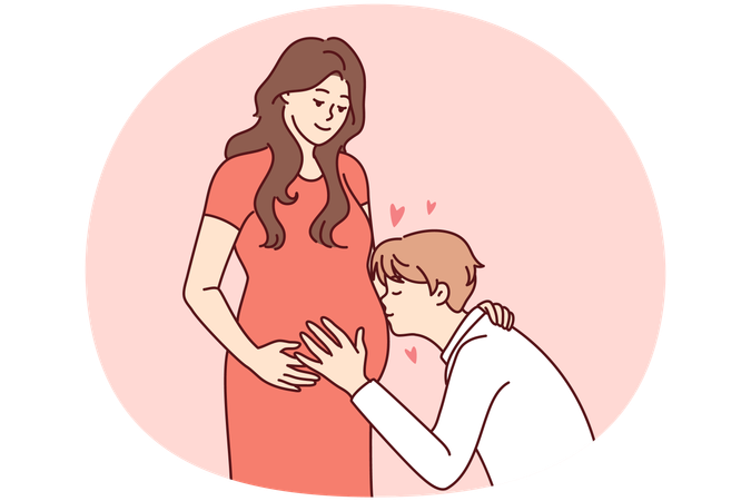 Happy man kiss pregnant woman belly  Illustration