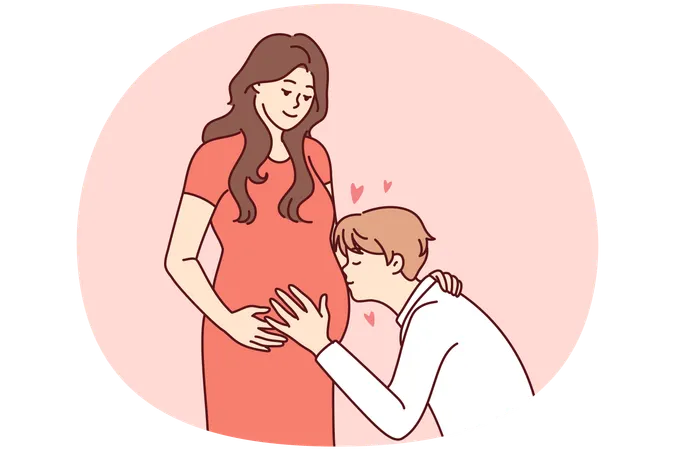 Happy man kiss pregnant woman belly  Illustration