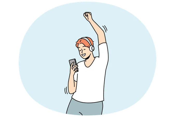 Happy man listen to music in earphones  Illustration