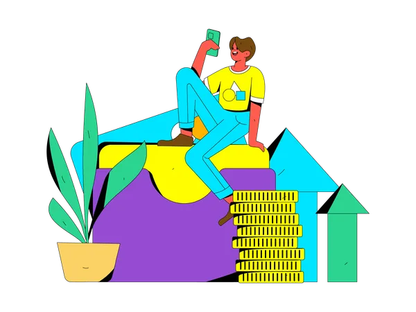 Happy man making money online on phone  Illustration