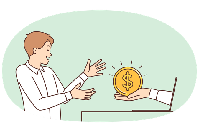 Happy man near laptop with hand holding out coin symbolizing internet income  Illustration