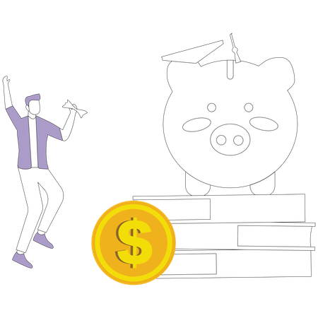 Happy man near stack of books and piggy bank  Illustration