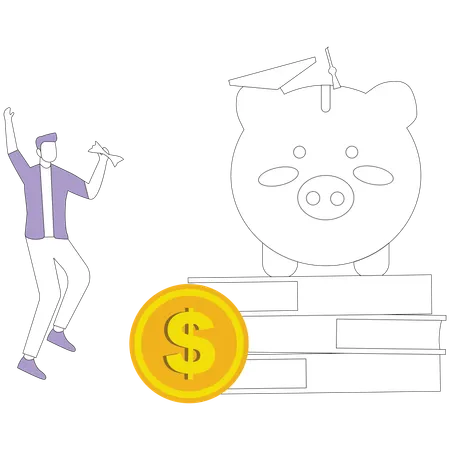 Happy man near stack of books and piggy bank  Illustration