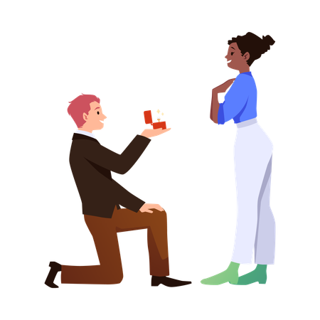 Happy man on one knee proposing to his girlfriend  Illustration