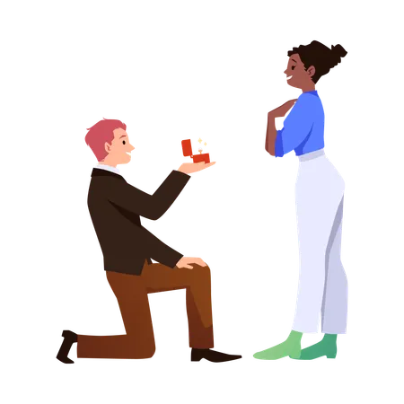 Happy man on one knee proposing to his girlfriend  Illustration
