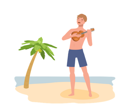 Happy man on the beach playing ukulele and singing  Illustration