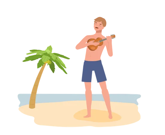 Happy man on the beach playing ukulele and singing  Illustration