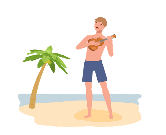 Happy man on the beach playing ukulele and singing  Illustration