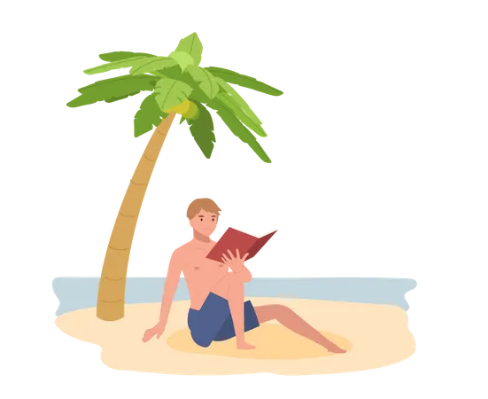 Happy man on the beach while reading book  Illustration
