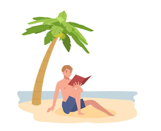 Happy man on the beach while reading book  Illustration