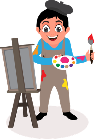 Happy man painting with brush and color palette in front of canvas  Illustration