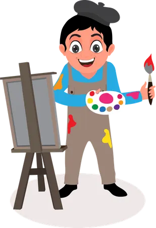 Happy man painting with brush and color palette in front of canvas  Illustration