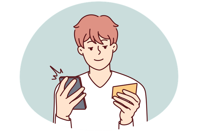 Happy man paying on cell with credit card  Illustration