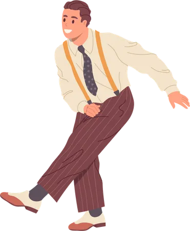 Isolated Happy Retro Man Cartoon Character Stepdancing Performing Choreographic Dance Element On White Background Positive Funky Gentleman In Old Fashioned Clothes Dancing Vector Illustration Illustration