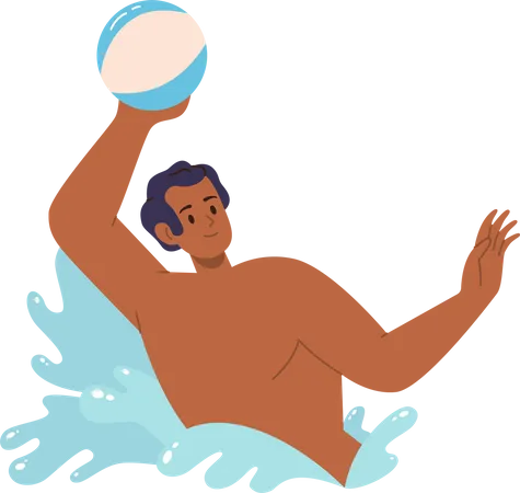 Happy Cartoon Man Playing Polo Or Volleyball With Ball While Swimming In Sea Water Or Pool Vector Illustration Isolated On White Background Sports Activity And Recreation During Summertime Concept Illustration