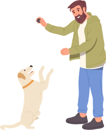 Happy Man Cartoon Pet Owner Character Playing Dog With Ball Spending Time With Friend Outdoors Vector Illustration Active Leisure Activity Domestic Animal Communication Pastime Puppy Training Class Illustration