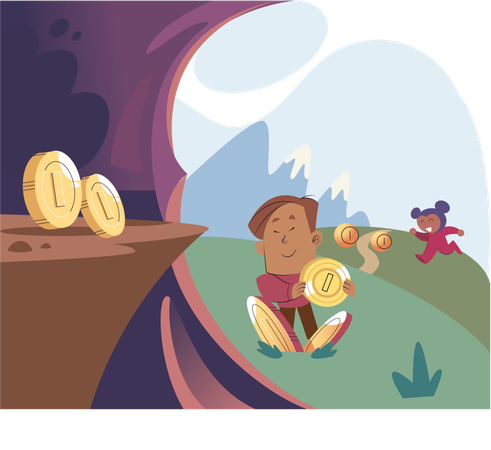 Happy man power from gaming with cryptocurrency  Illustration