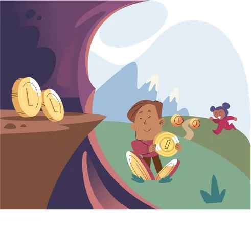 Happy man power from gaming with cryptocurrency  Illustration