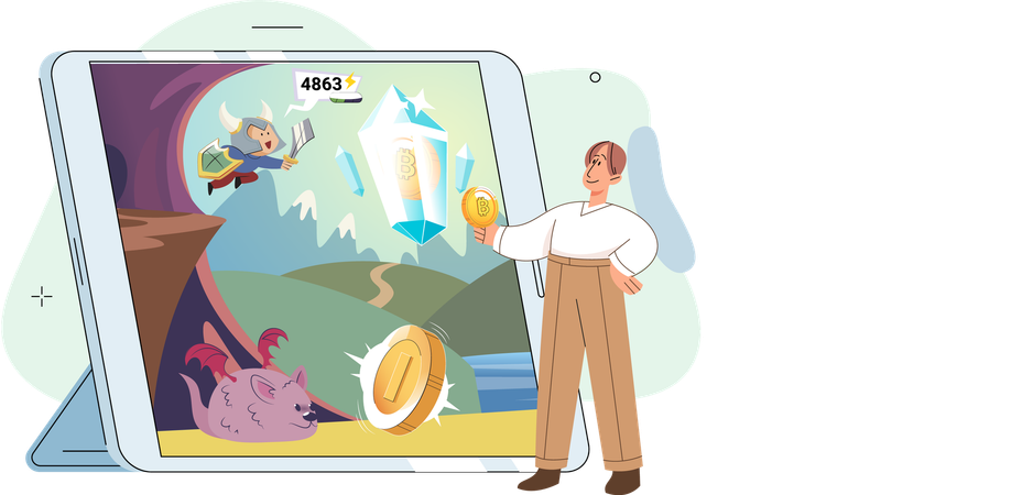 Happy man power from gaming with cryptocurrency  Illustration
