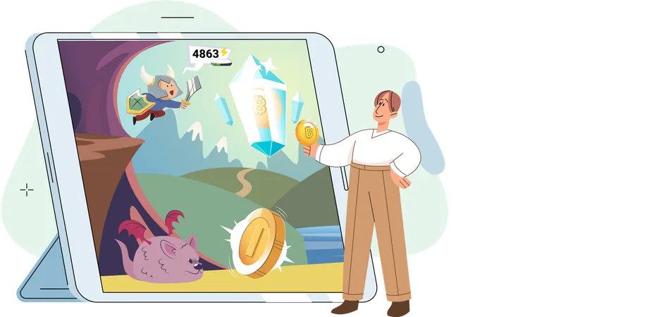 Happy man power from gaming with cryptocurrency  Illustration