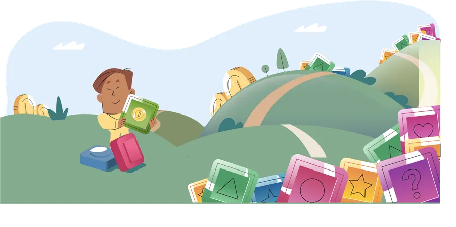 Happy man power from gaming with cryptocurrency  Illustration