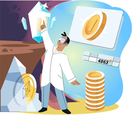 Happy man power from gaming with cryptocurrency  Illustration