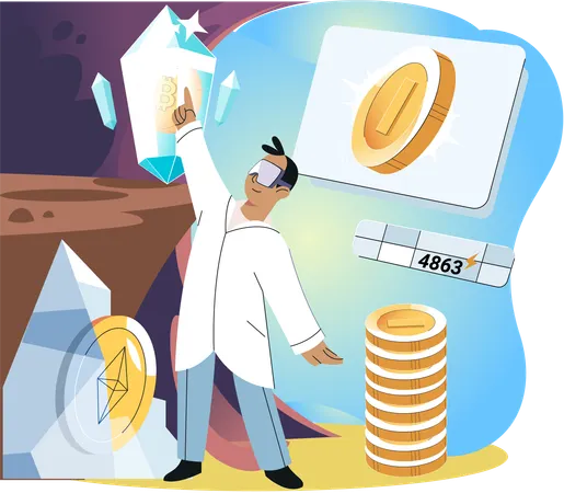 Happy man power from gaming with cryptocurrency  Illustration