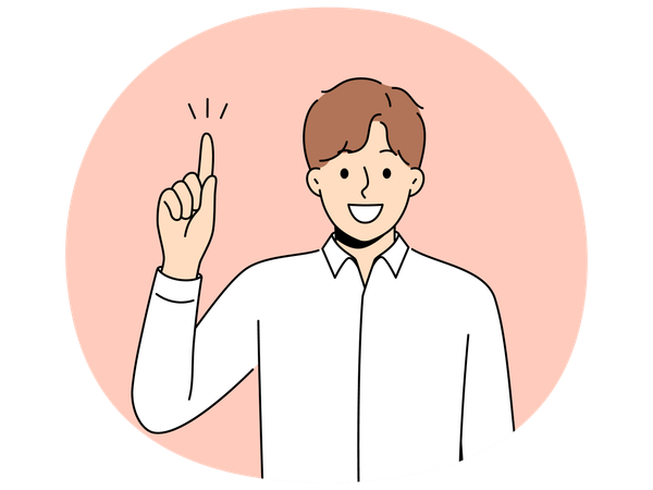 Happy man raises finger and says there idea or advice to solve difficult problem  Illustration